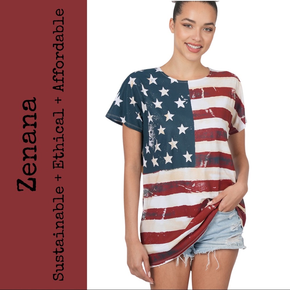 Zenana American Flag Print Short Sleeve Top